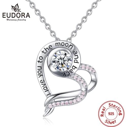 EUDORA Genuine 925 Sterling Silver Heart Pendant Necklace with Pink Crystal I love you to moon and back Women fine Jewelry D359