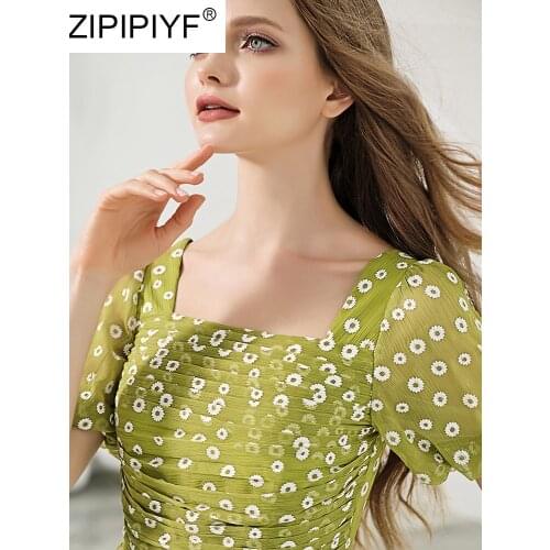Temperament Lady Dress Puff Sleeve Square Collar Retro Dress Female 2020 Summer Avocado Green Floral Chiffon Dress C104
