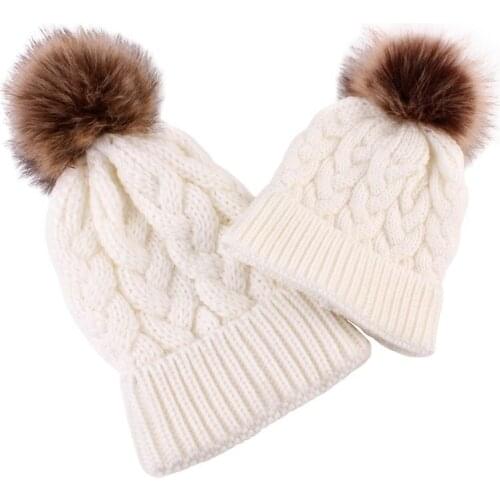 Winter Warm Parent-Child Hat Soft Cute Knit Beanies Crochet Hats Fur Pom Mother Baby Adult Children Ball Fashion Ski Hat