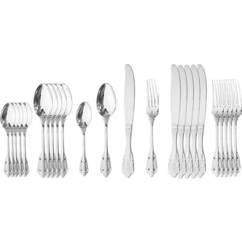 24Pcs Silver Dinnerware Set Luxury Vintage Tableware Set Flatware set 304 Stainless Steel Knife Fork Spoon Western Cutlery Set
