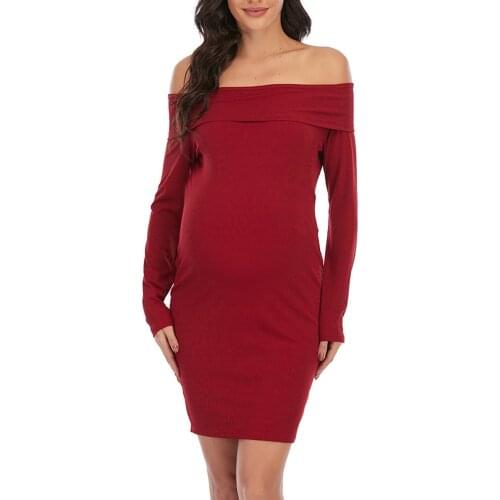 #57 Pregnancy Dress Woman One Word-collar Long Sleeve Solid Maternity Elegant Slim Dress Maternity Clothes Robe Grossesse Ete