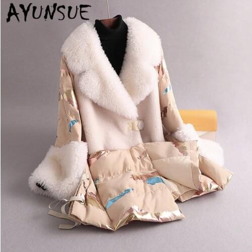 AYUNSUE Real Fur Coat Female Winter Clothes 2020 Fashion Long Sheep Shearing White Duck Down Jacket Women Sheep Fur Woman Parkas