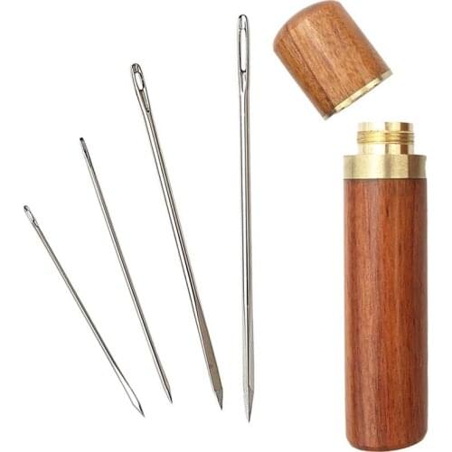 LMDZ Natural Wood Self Threading Sewing Needle Case with 4Pcs Sharp Stitching Needles for Stitching and Sewing