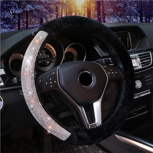 New Winter Warm Plush Fur Car Steering Wheel Cover Crystal Rhinestone Diamond Steering-Wheel Case For Women Girls Accessories