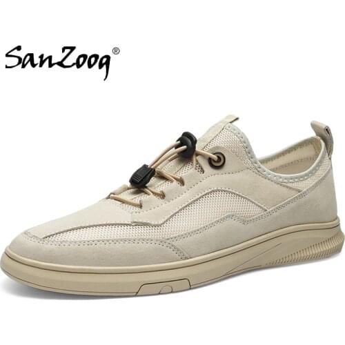 Sanzoog Elastic Band Breathable Mesh Leather Sneakers Men Casual Flat Shoes Beige