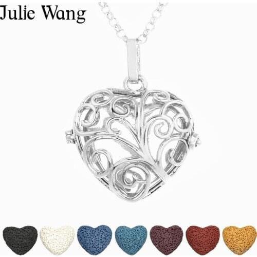 Julie Wang 1 Set Hollow Heart Love Locket Necklace With 6PCS Lava Stones Essential Oil Diffuser Pendants Perfume Jewelry