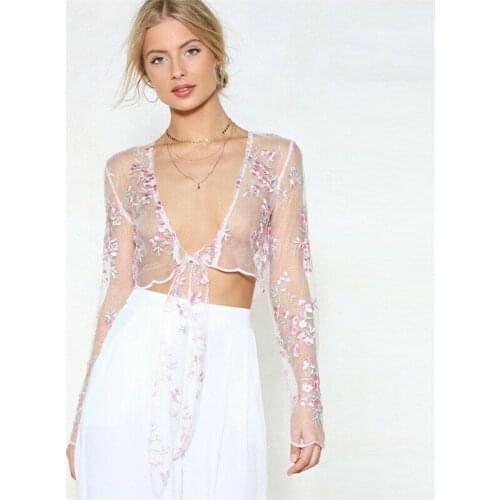 Hot Women Cover Up Sheer Lace Floral Embroidery Mesh Beachwear Bandage Summer Sexy Ladies See-through Long Sleeve Swimwear