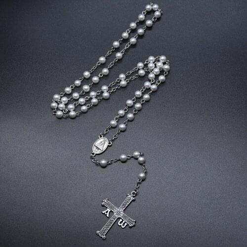 Unique Simulated Pearl Christian A W Greek Cross Pendant Rosary Necklace Religious Prayer Jewelry Confirmation Communion Gifts