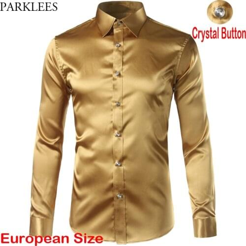 Mens Gold Shiny Satin Silk Like Dress Shirts 2020 Smooth Casual Dance Party Long Sleeve Wrinkle Free Tuxedo Shirt Men Chemise