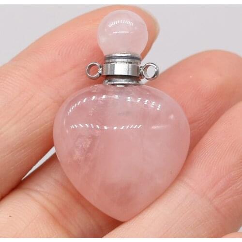 Natural Pink Quartz Love Heart Shape Perfume Bottle Essential Oil Pendant for Jewelry Making DIY Reiki Heal Necklace Gifts