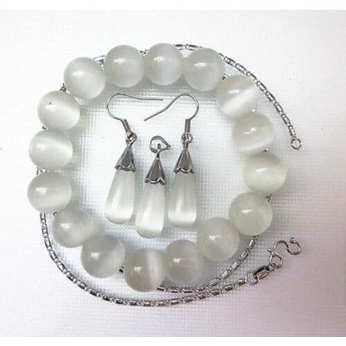 New hot Fascinating Ice White Cat Eye Stones Necklace Pendant Earring Bracelet Opal Sets