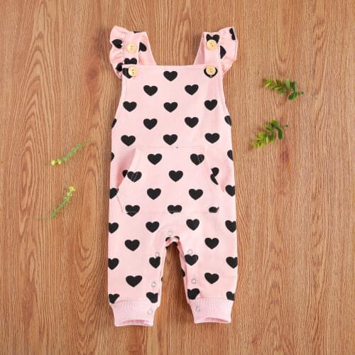 Newborn Baby Girls Clothes Romper Sleeveless Hearts Pattern Button Down Jumpsuit with Pocket