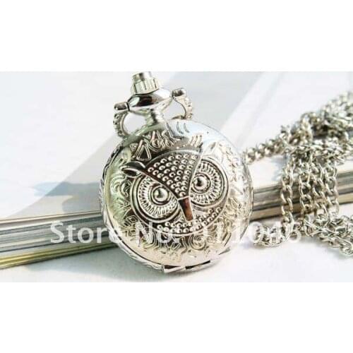 Ree shipping retro necklace, silver owl pocket watch necklace, watch necklace, Gift Watch 50pcs/lot Hot Sale