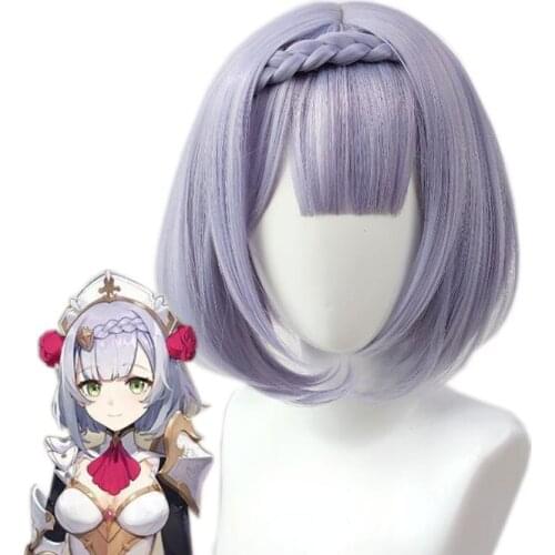 Genshin Impact Noelle Cosplay Wigs Game Cos Short Light Purple Braided Wig with Bangs Heat Resistant Synthetic Hair