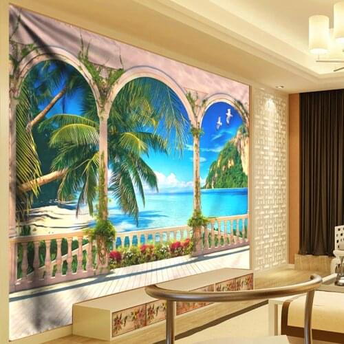 Blue Sea Coconut Tree Scenery Psychedelic Tapestry Wall Hanging Home Decor Wall Hippie Tapestry Beach Throw Towel Yoga Rug Large