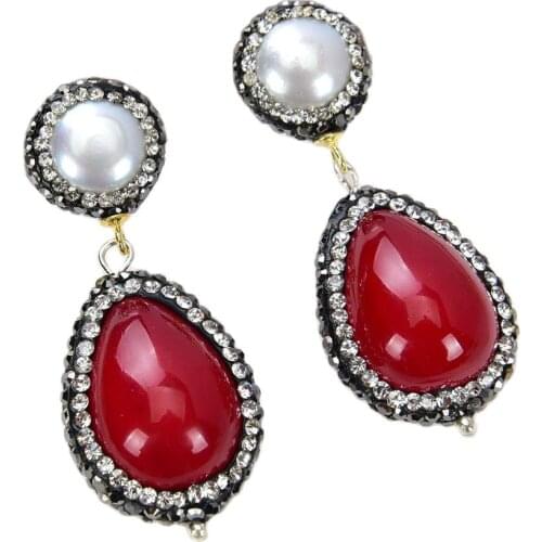 JK White Natural Pearl Red teardrop Sea Shell Pearl Cz pave Earrings