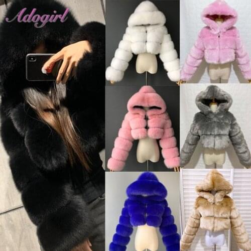 Warm Thick Furry Fur Women Causal Faux Fur Long Sleeve Crop Jacket Coats Winter Fluffy Top Hoodies Outdoor Overcoats Plus Size