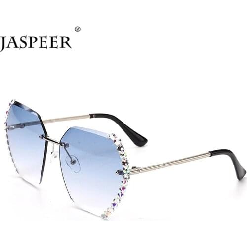 JASPEER New Crystal Rimless Sunglasses Women Luxury Brand Designer Rhinestone Frameless Gradual Sun Glasses Shades Hexagon