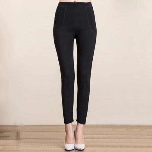 Lady solid black warm velvet pant elastic middle wasit skinny pocket pants female large size autumn winter ankle slim leggings