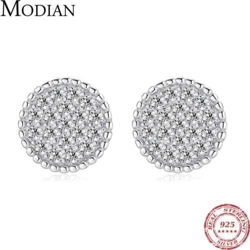 Modian 925 Sterling Silver Luxury Buttons Ear Studs for Women Twinkle Clear CZ Simple Round Stud Earrings Wedding Fine Jewelry