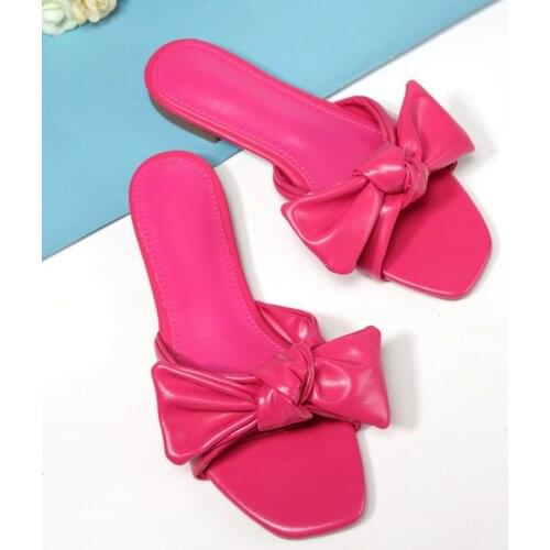 Women Bow Slippers Woman Square Toe Slides Ladies Summer Beach 2020 Fashion Casual Outdoor Shoes Womens Footwear Plus Size 42