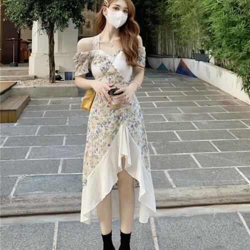 Summer Print Asymmetric Long Dress for Women Chic Off Shoulder Chiffon Ruffles Fashion Halter Slash Neck Korean Female Clothing