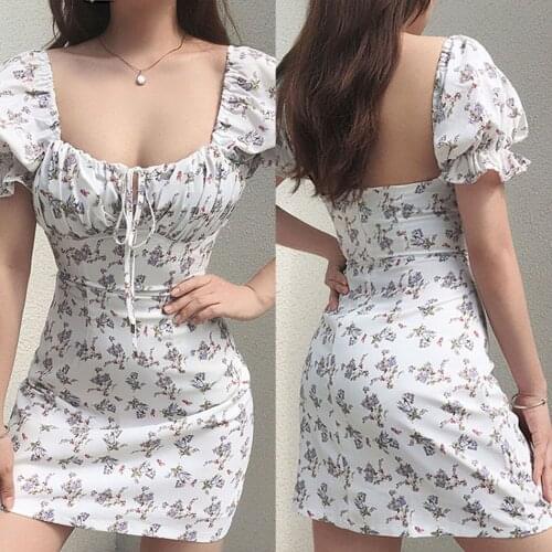 2021 New Female Dress,Women s Floral Print Square Neck Short Sleeve Low-Cut for Summer Hot Outfits,White,S/M/L/XL/XXL/XXXL