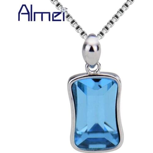 Almei 40% Rectangle Necklace For Women 925 Sterling Silver Necklaces & Pendants Blue Zircon Jewelry Free Chain With Box LN040