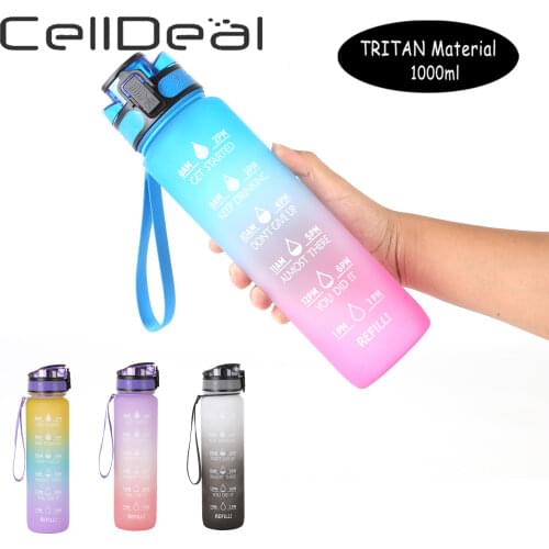 1L Water Bottle with Bounce Cover Outdoor Sports Fitness Tritan Material Frosted Leakproof Cup Time Scale Reminder Water Jug