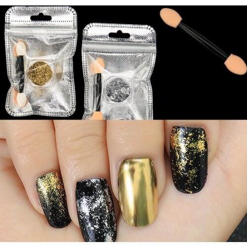 2 Box Nail Art Flake Powder Gold /Silver Mirror Effect Glitter Flakes With 2pcs Nail Brush DIY Nail Tips Decoration Flakes x1pcs