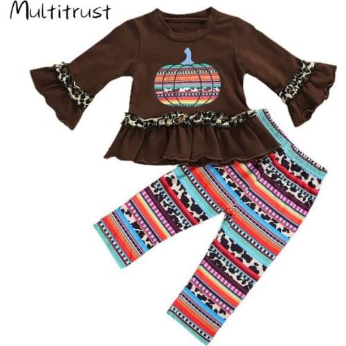 2Pcs/Set Kids Toddler Baby Girl Halloween Outfit Long Sleeve Pumpkin Ruffled Tunic Top Geometry Pants Spring Fall Clothes 1-5Y