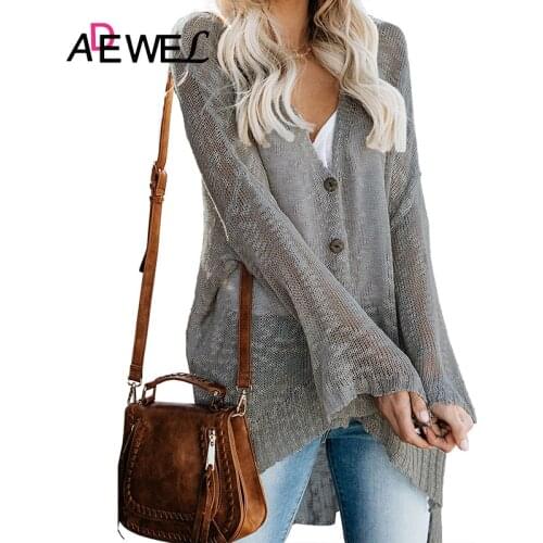 ADEWEL Gray Loose Lightweight V Neck Buttoned Sheer Knit Cardigan Mujer Women Sweater Pull Femme Nouveaute 2020 Plus Size 2XL