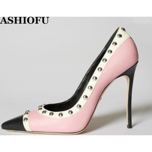 ASHIOFU Handmade Womens Stiletto Heels Pumps Rivets Spikes Slip-on Party Prom Dress Shoes Large Size Cap-toe Evening Pump-Shoes
