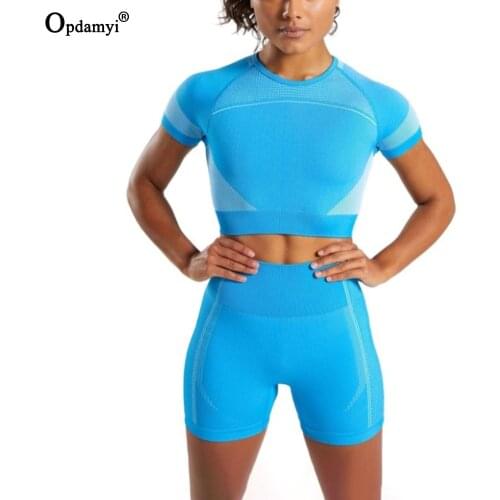 Seamless Yoga Set 2 Pcs Sports Suit Female Workout Clothes Crop Top Short Sleeve High Waist Gym Shorts Women Running Sportwear
