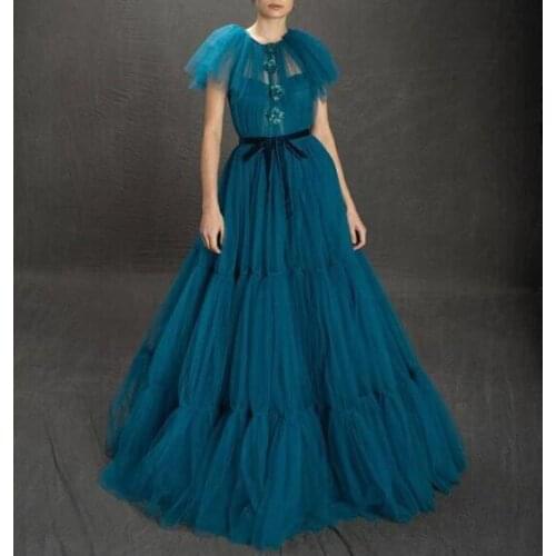 Teal Long Tulle Prom Dresses Sleeveless Ball Gown Flower Evening Dress Formal Party Ball Gowns vestido formatura