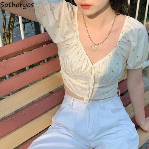 Pleated Stretch Floral Blouses Women Fungus Bow Lace-up Crop Tops Puff Sleeve Sexy Square Collar Retro Slim Fairy Blouse Sweet