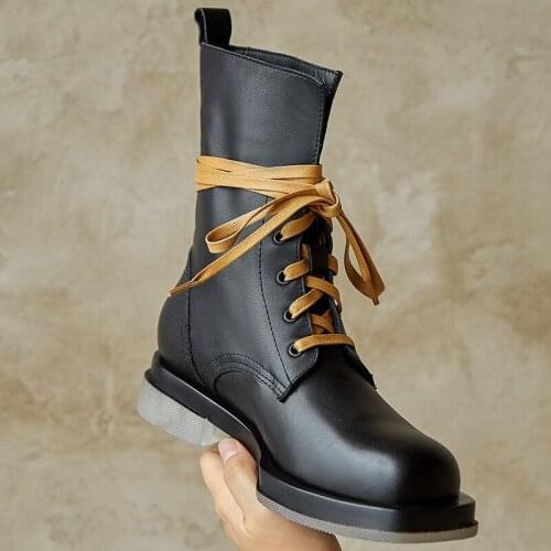 Winter Autumn Genuine Leather Handmade Low Platform Ankle Boots Cross Tied Cow Leather Transparent Heel Square Toe Women Boots