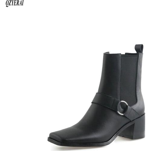 QZYERAI Ankle boots Genuine leather Female boots Square head Womens boots Autumn winter cowhide Womens shoes Size 34-43