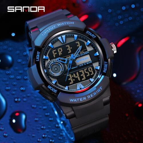 SANDA High Quality Fashion Sports Watch Mens LED Digital Watch Alloy Case Laser Color Watch Dual Display Quartz Waterproof Watch