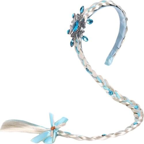 Kids Girls Sweet Cosplay Princess Braid Headwear Weaving Long Wigs Hair Hoop with Snowflake Shaped Rhinestone