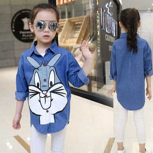 Girls denim coat 2019 long style clothing autumn new arrival children long sleeved shirt blouse 6-14 years girls denim jackets