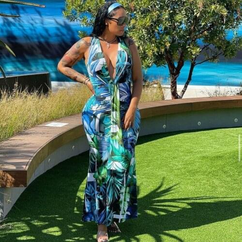 European and American Fashion Sexy Sleeveless Big V-Neck Print Front Chest Stitching Long Skirt Dress