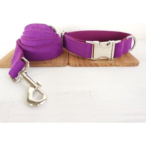 Purple dog collar and leash set with bow tie for big and small dog cotton fabric collar metal buckle