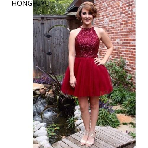 HONGFUYU Burgundy Tulle Short Homecoming Dresses Beads Sleeveless Cocktail Prom Dress vestido de formatura graduacion Open Back