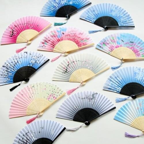 Chinese Japanese Folding Fan Wooden Shank Classical Dance Fan High Quality Tassel Elegent Female Fan