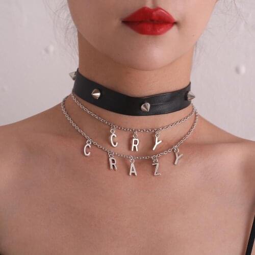 KMVEXO Spike Rivet PU Leather Choker Collar Necklace Set Punk Multi Layered Cry Crazy Letter Gothic Necklaces Jewelry for Women