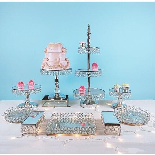 3pcs-15pcs Metal Electroplate Mirror Cake Stand Set Display gold silver crystal cupcake plate