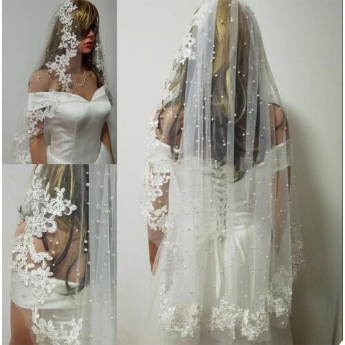 Pearls Beading Wedding Veils One Layer Lace Appliques Edge Short Bride Prom Bridal Shawl Wraps Accessories with Comb