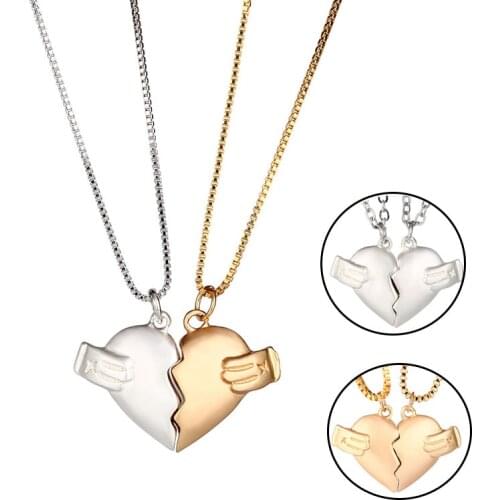 2Pcs Magnetic Couple Necklace Lovers Heart Break Pendant Long Distance Relationship Charm Necklace Women Valentines Day Gift