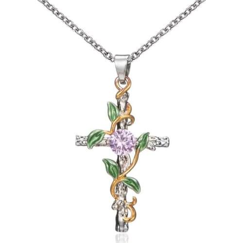 Fashion Ethnic Religious Jewelry Flower Cross Necklace Gold Color Resin Women Sacred Spiritual Symbol Pendant Necklace